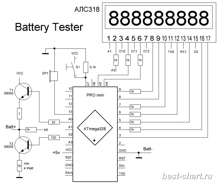 Простой тестер аккумуляторов «Battery Tester» на arduino и индикаторе .